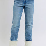 Judy Blue shearling cuff high waist straight jeans in medium wash