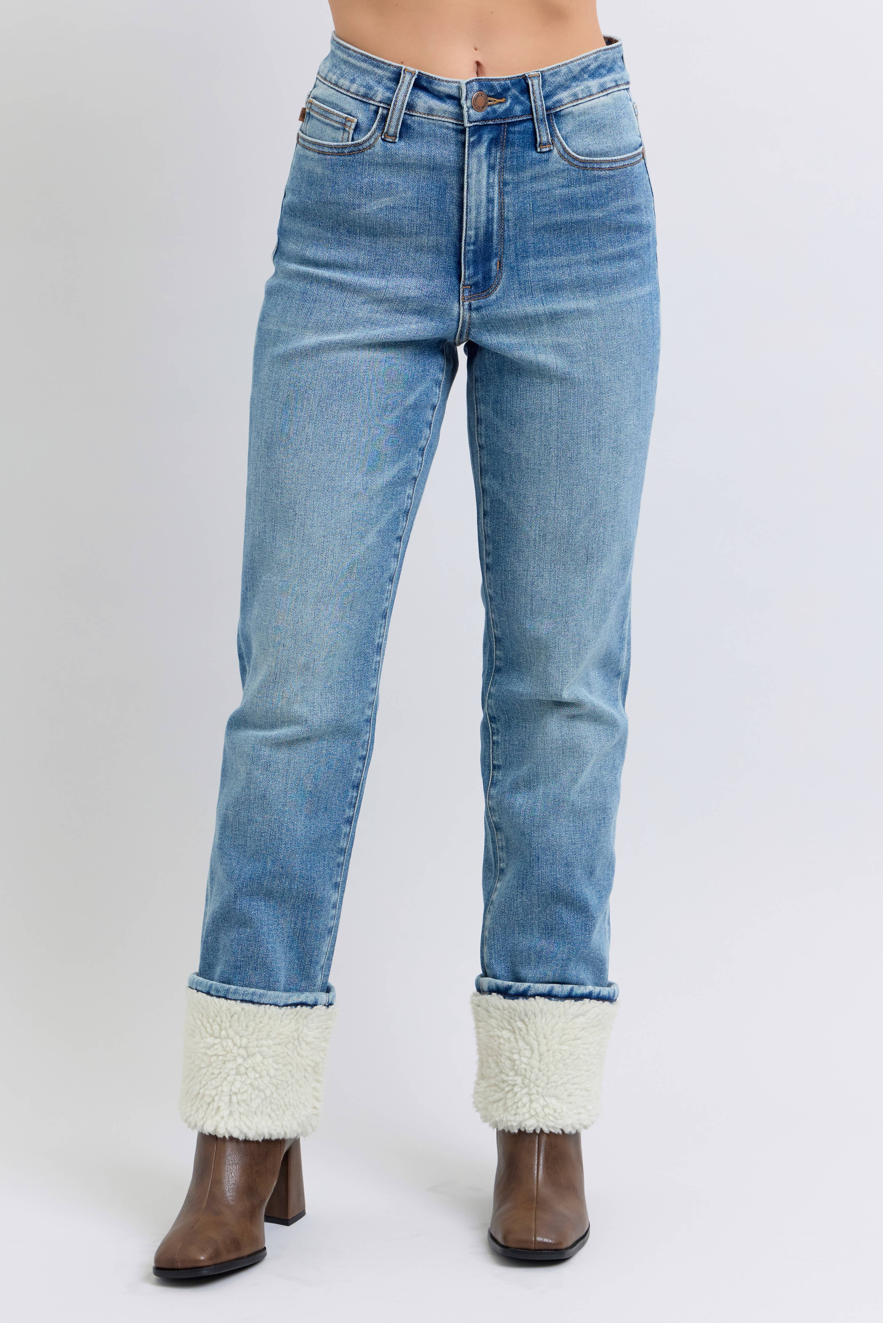 Judy Blue shearling cuff high waist straight jeans in medium wash