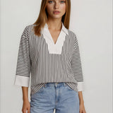V NECK LONG SLEEVE WITH COLLAR CONTRAST TOP-WHITE