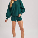 Hunter green ribbed knit lounge sweater and matching shorts