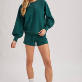Hunter green ribbed knit lounge sweater and matching shorts