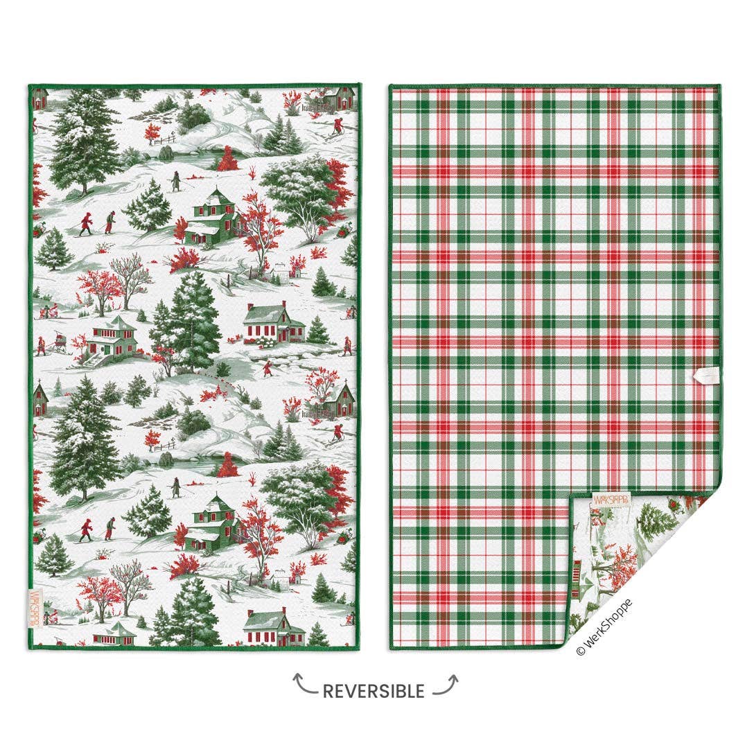 Cross-Country winter toile and plaid reversible microfiber kitchen towel
