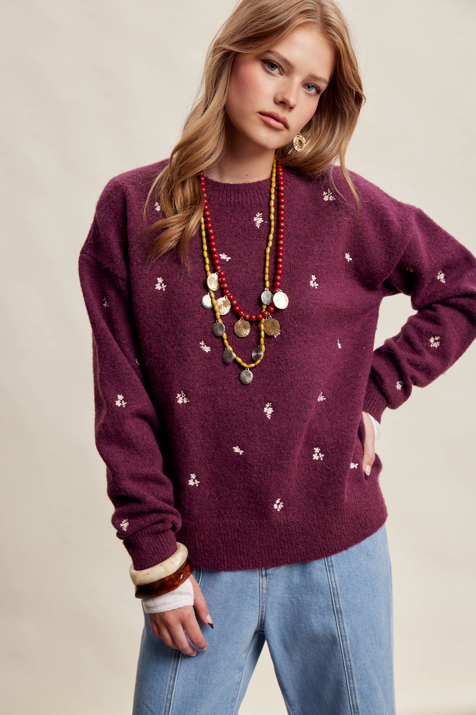 Women's Embroidered Dot Sweater in Plum – 5