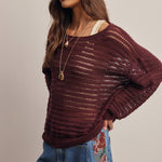 Open-Knit Stripe Sweater Top in Burgundy – 5