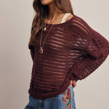 Open-Knit Stripe Sweater Top in Burgundy – 5