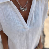 Crinkled Lace Splicing Sleeve Collared V Neck Blouse