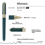 Monaco soft-touch ballpoint pen in forest green, detail view