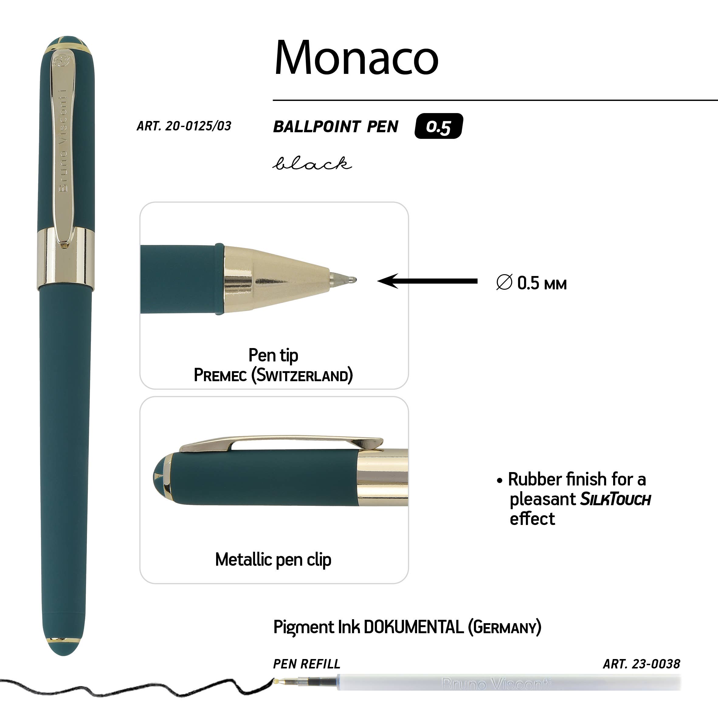 Monaco soft-touch ballpoint pen in forest green, detail view