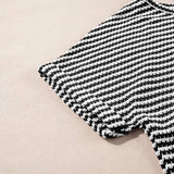 Stripe Textured Notched Neck Cuffed Short Sleeve Top