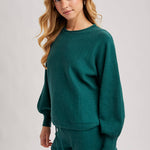 Hunter green ribbed knit lounge sweater and matching shorts