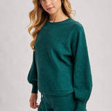 Hunter green ribbed knit lounge sweater and matching shorts