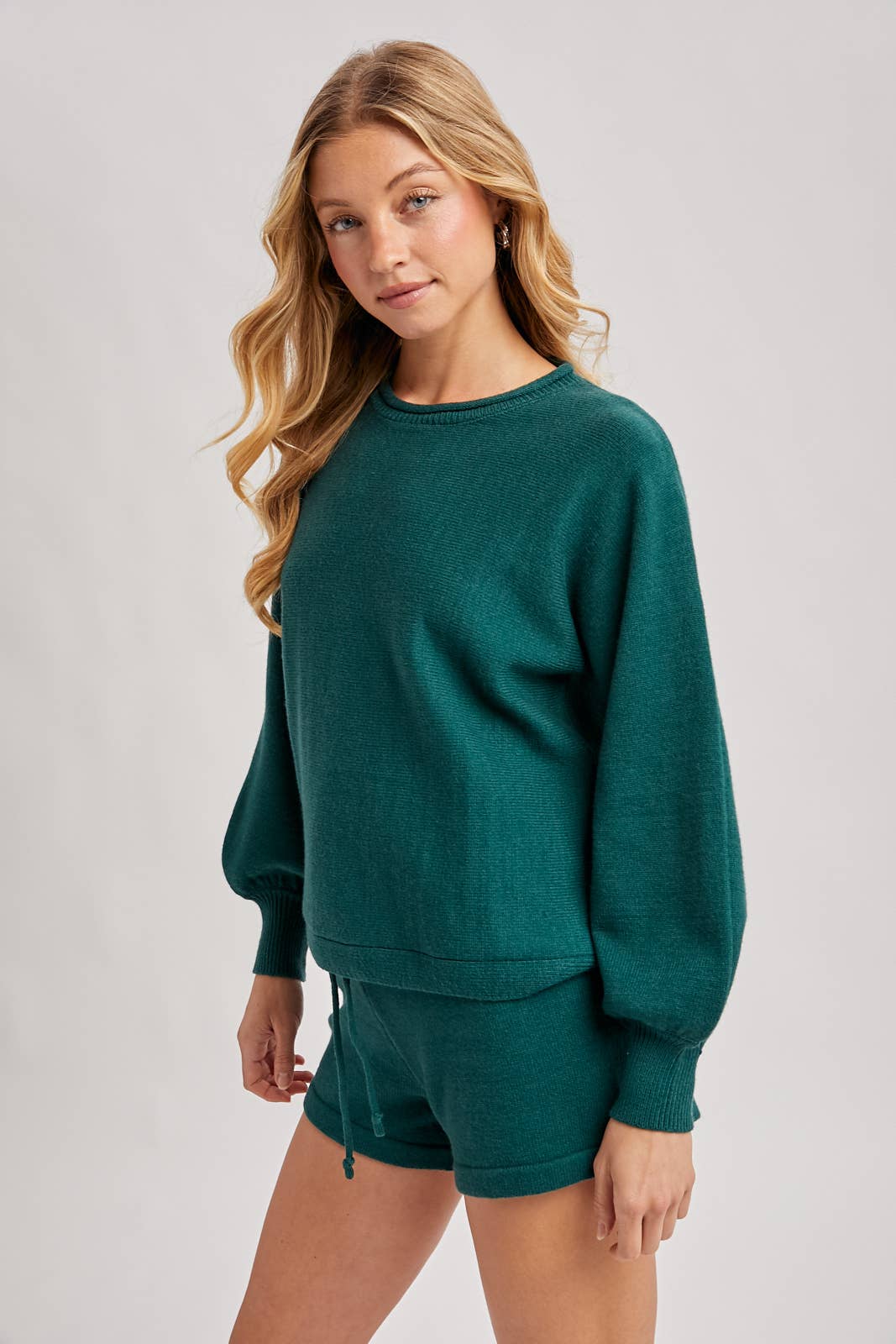 Hunter green ribbed knit lounge sweater and matching shorts
