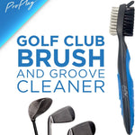 Golf club brush and groove cleaner shown with golf clubs