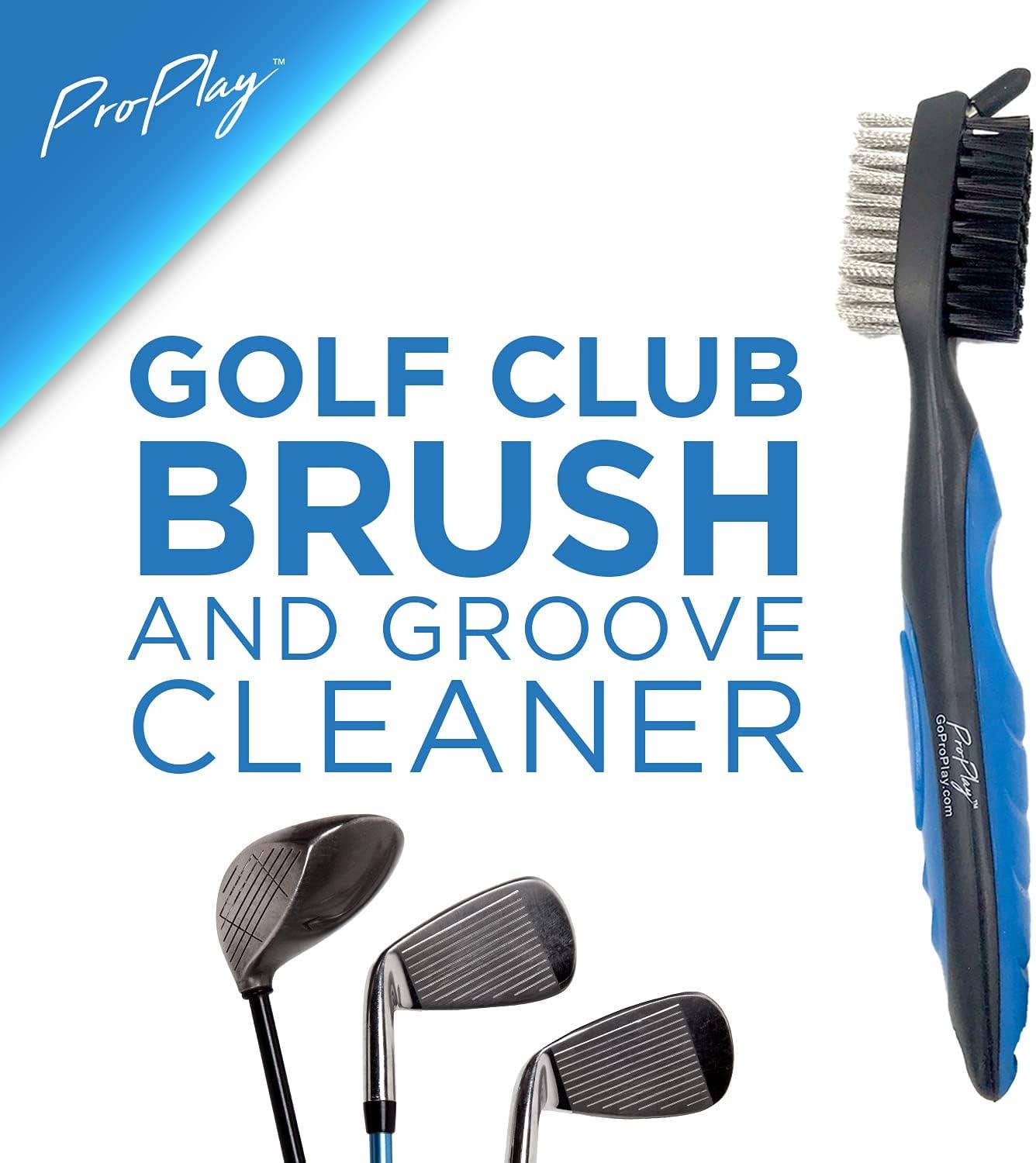 Golf club brush and groove cleaner shown with golf clubs