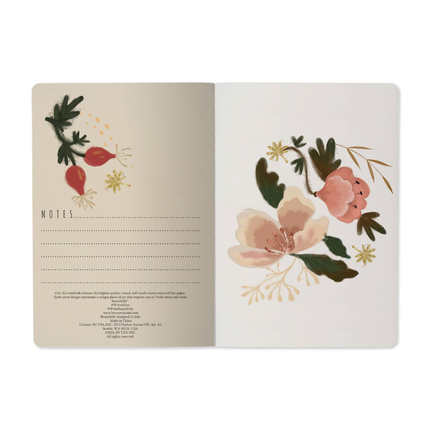 A5 soft-touch notebook with an all-over floral cover design, detail view