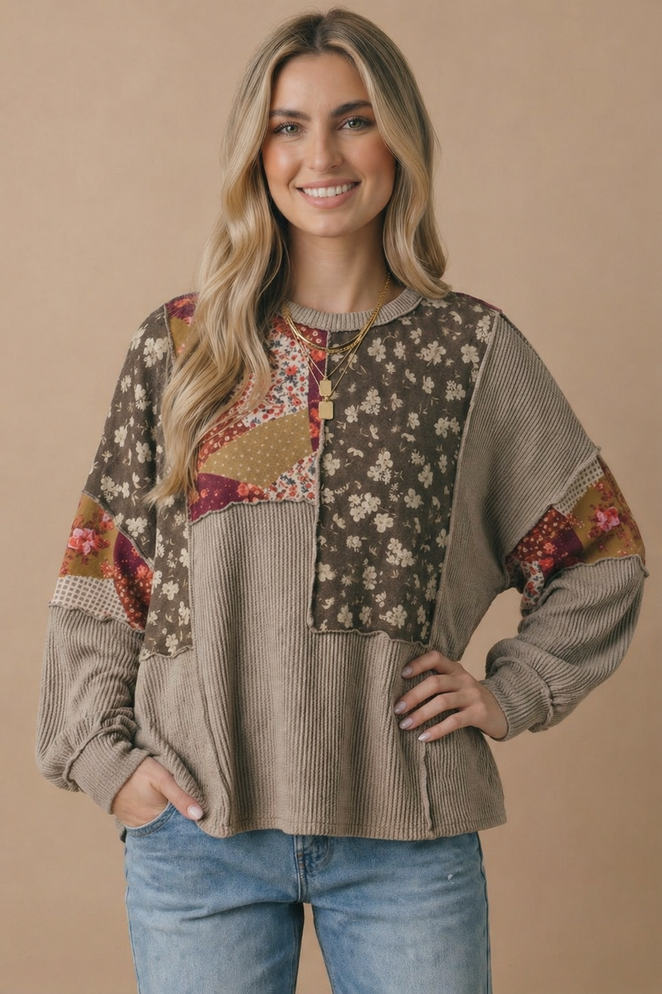 Oversized floral patchwork wave rib knit top in taupe, burgundy and mocha