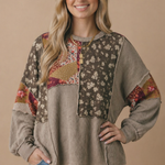 Oversized floral patchwork wave rib knit top in taupe, burgundy and mocha