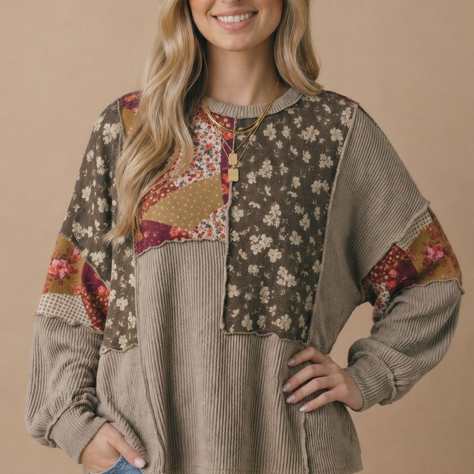 Oversized floral patchwork wave rib knit top in taupe, burgundy and mocha