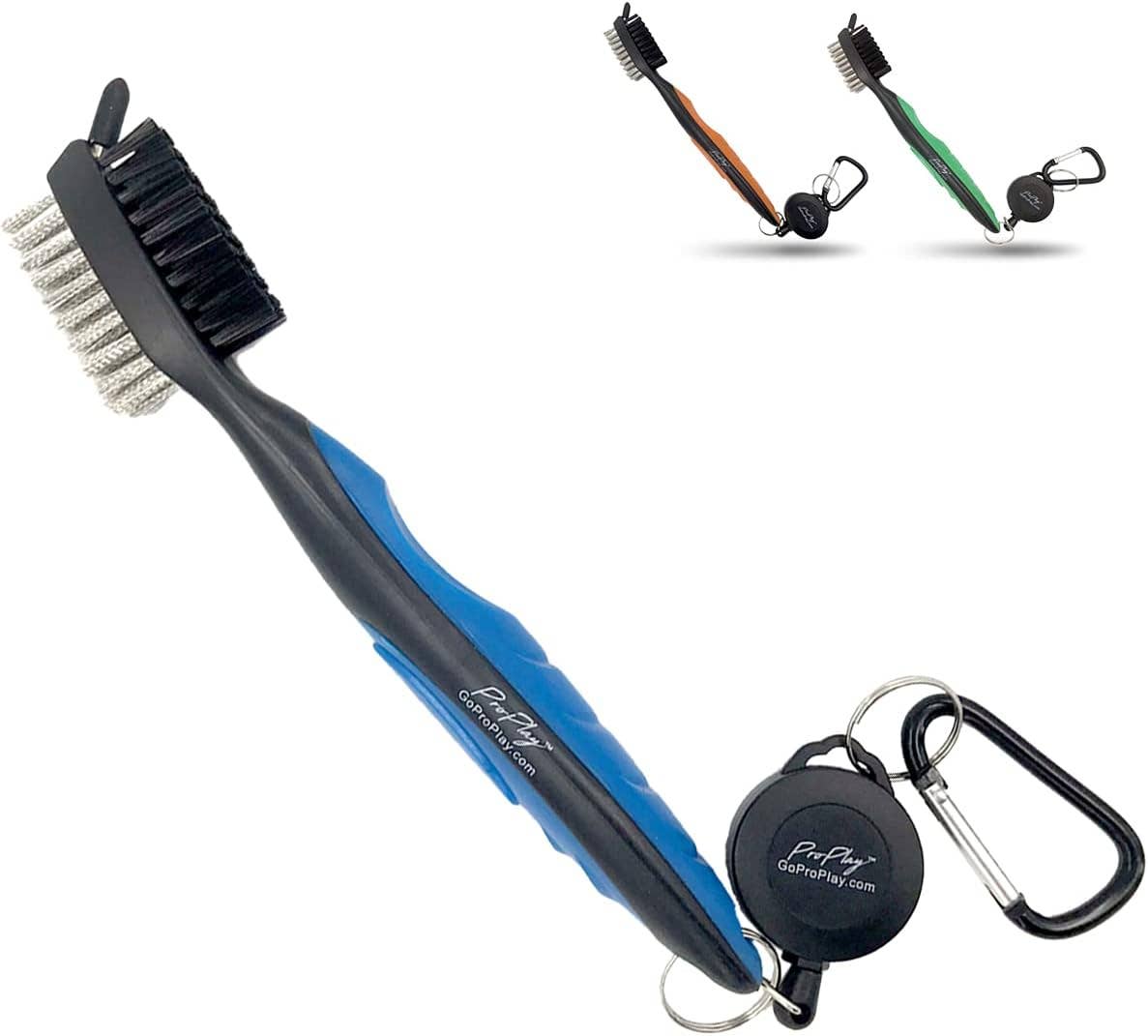 Blue golf club brush and groove cleaner with retractable carabiner clip