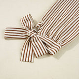 Striped Frill V Neck Knot Bracelet Sleeve Mock Neck Blouse