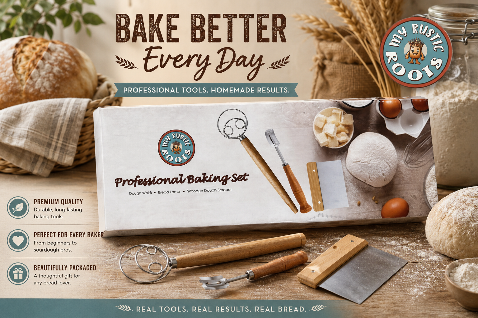 Three-piece sourdough baking tool set with dough whisk, bread lame, and wooden dough scraper with natural wood handles