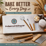 Three-piece sourdough baking tool set with dough whisk, bread lame, and wooden dough scraper with natural wood handles