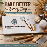 Three-piece sourdough baking tool set with dough whisk, bread lame, and wooden dough scraper with natural wood handles
