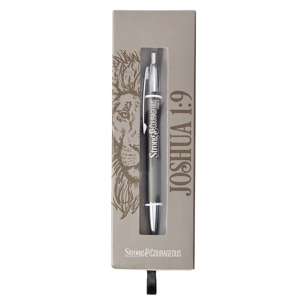 Strong and Courageous gift pen in a gray box with Joshua 1:9