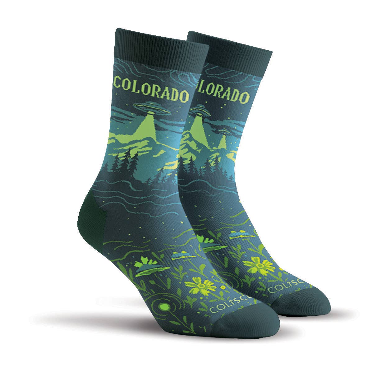 Unisex crew socks with a Colorado night sky graphic, second design