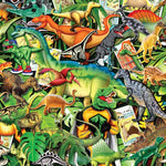 Completed Dinosaur Cool 500-piece jigsaw puzzle: a jungle scene packed with colorful dinosaurs including T. rex and triceratops