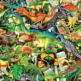 Completed Dinosaur Cool 500-piece jigsaw puzzle: a jungle scene packed with colorful dinosaurs including T. rex and triceratops