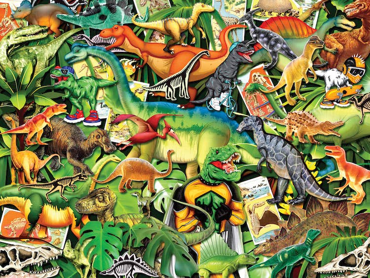 Completed Dinosaur Cool 500-piece jigsaw puzzle: a jungle scene packed with colorful dinosaurs including T. rex and triceratops