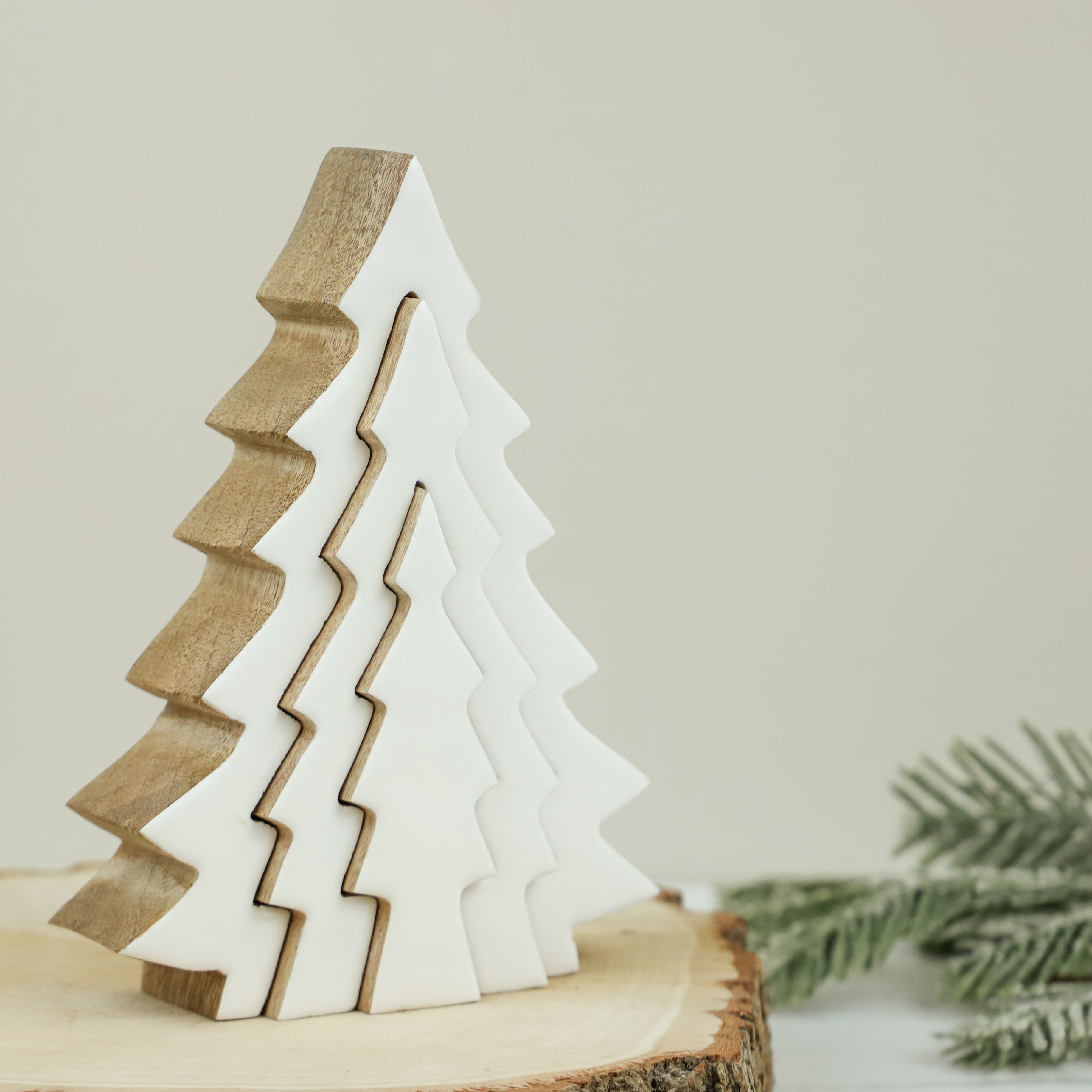 Nested white and natural wood Christmas tree