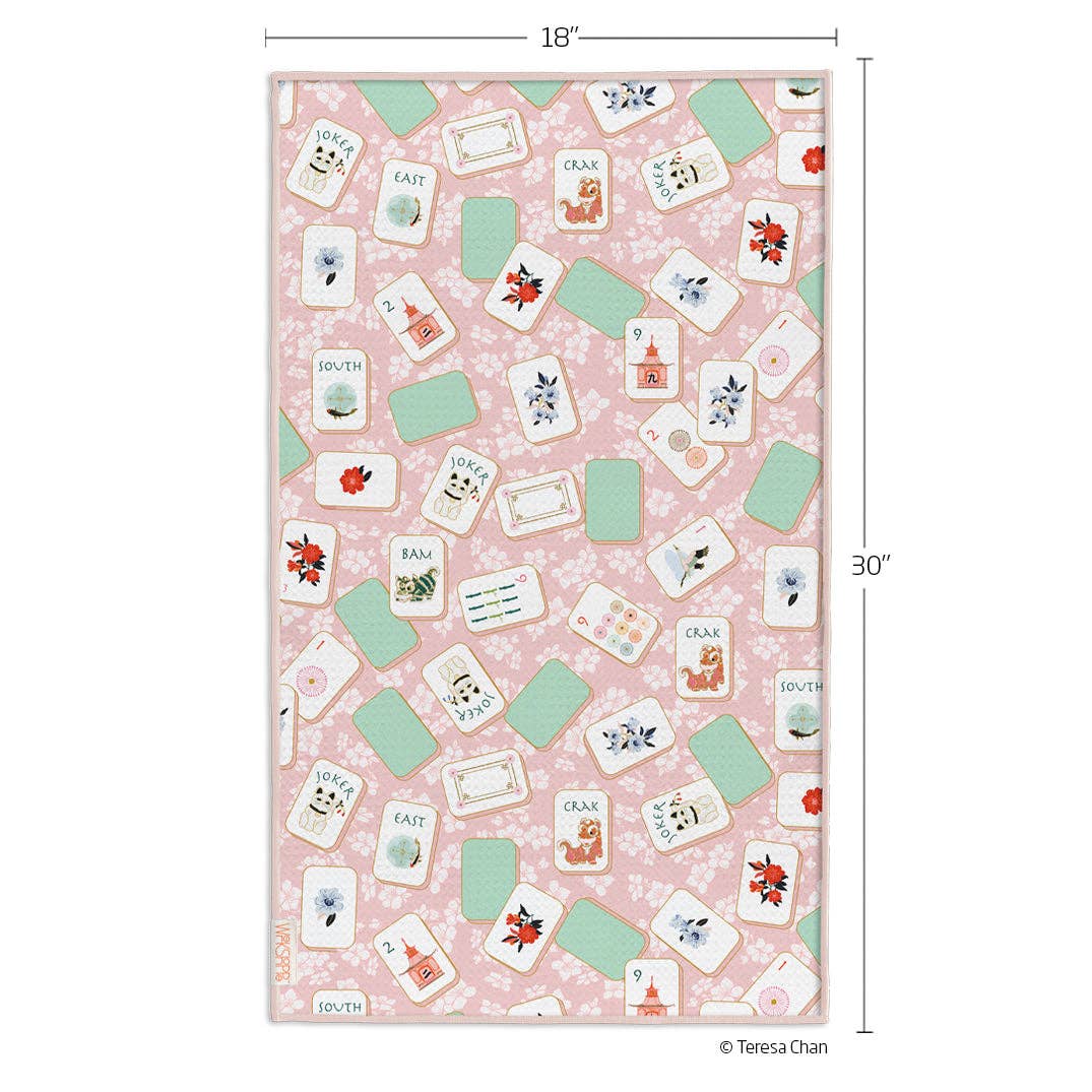 Mahjong tiles and cherry blossom reversible microfiber kitchen towel, view 3