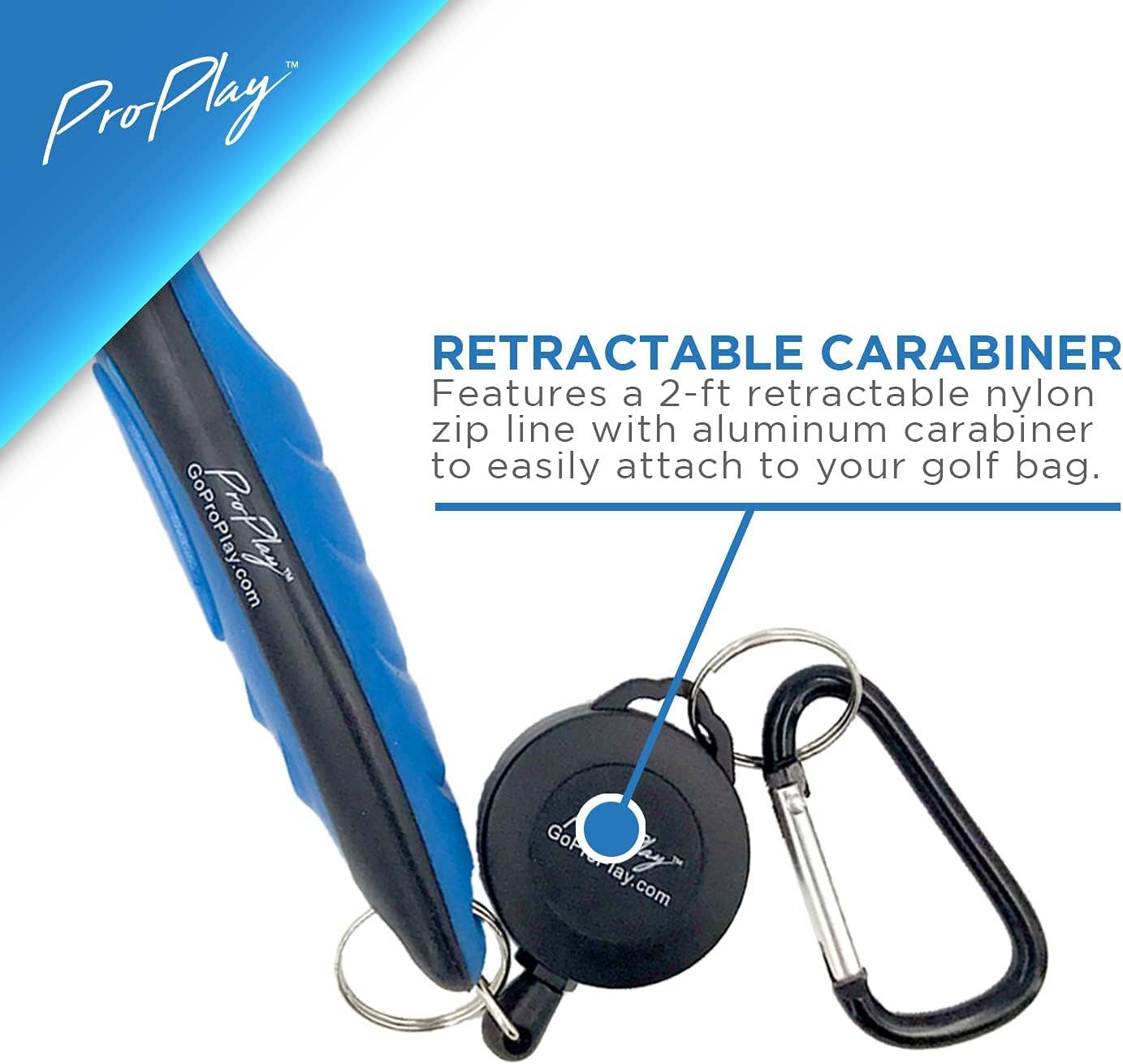 Golf club brush 2-foot retractable zip line with aluminum carabiner