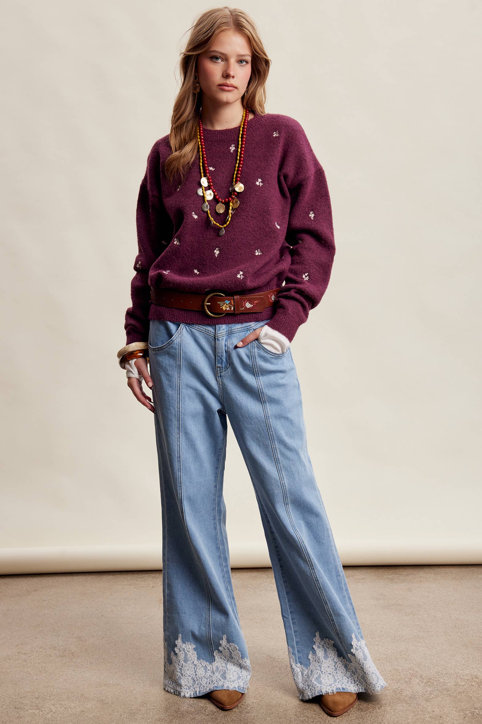 Women's Embroidered Dot Sweater in Plum – 11
