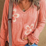 Fresh Salmon Floral Patchwork V Neck Long Sleeve Tee