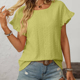 Dark Blue Solid Color Crewneck Sweet Short-Sleeve Hollow-Out Top