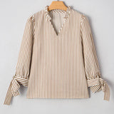 Striped Frill V Neck Knot Bracelet Sleeve Mock Neck Blouse