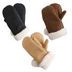 Riley sherpa lined faux suede mittens in jet, chocolate and camel