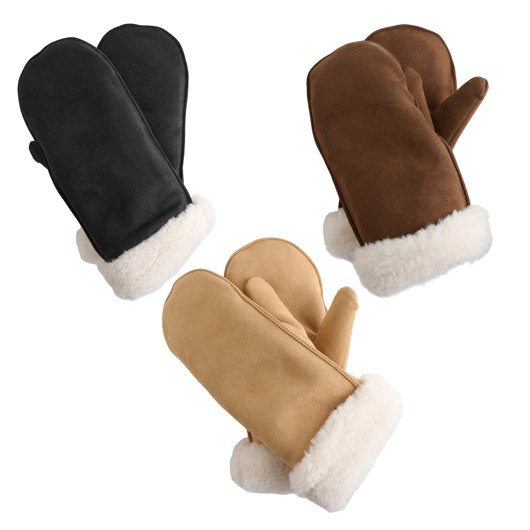 Riley sherpa lined faux suede mittens in jet, chocolate and camel