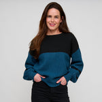 Hayley color block balloon sleeve sweater in twilight teal