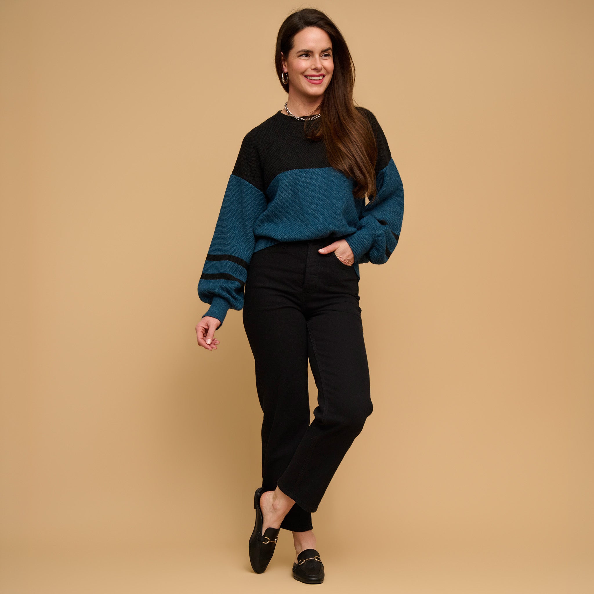 Hayley balloon sleeve sweater twilight teal - side view