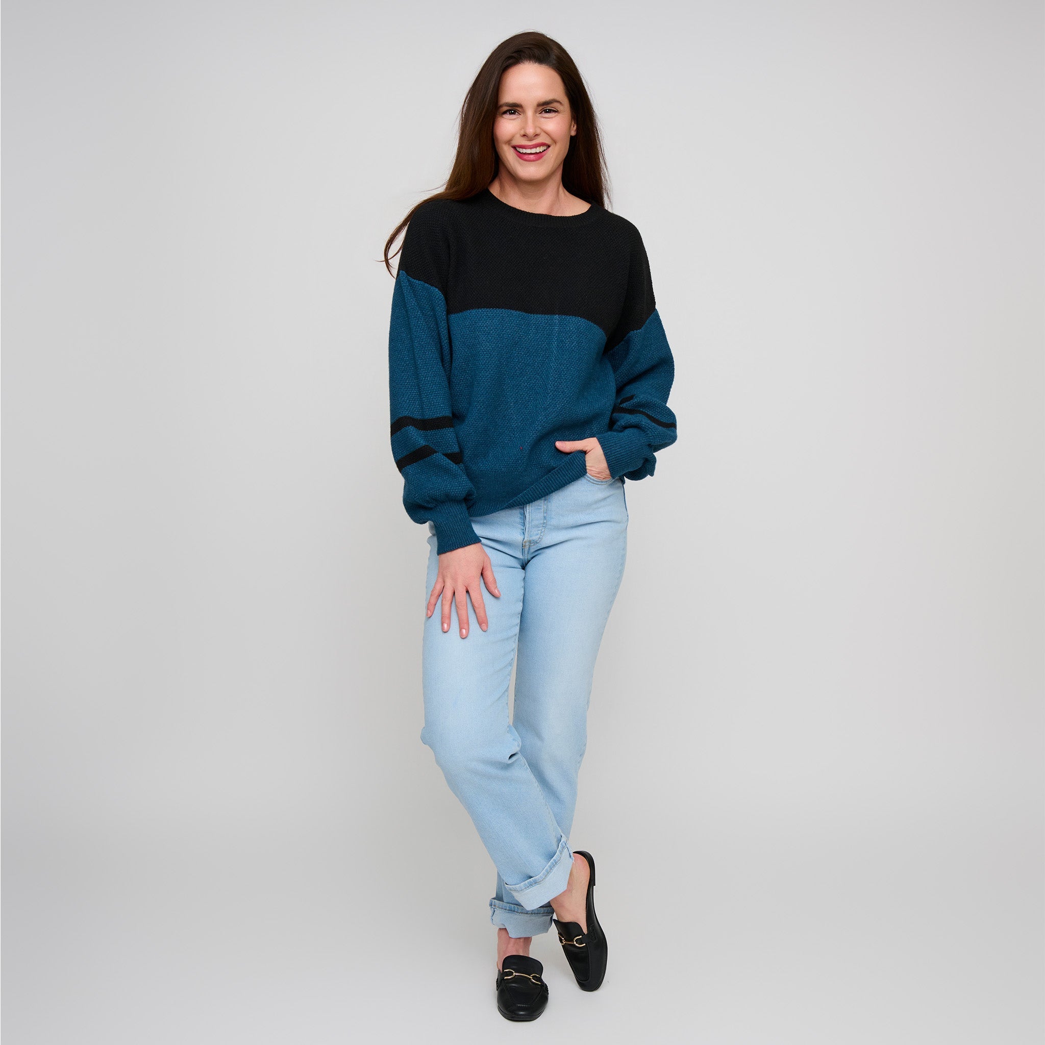 Hayley balloon sleeve sweater twilight teal - back view