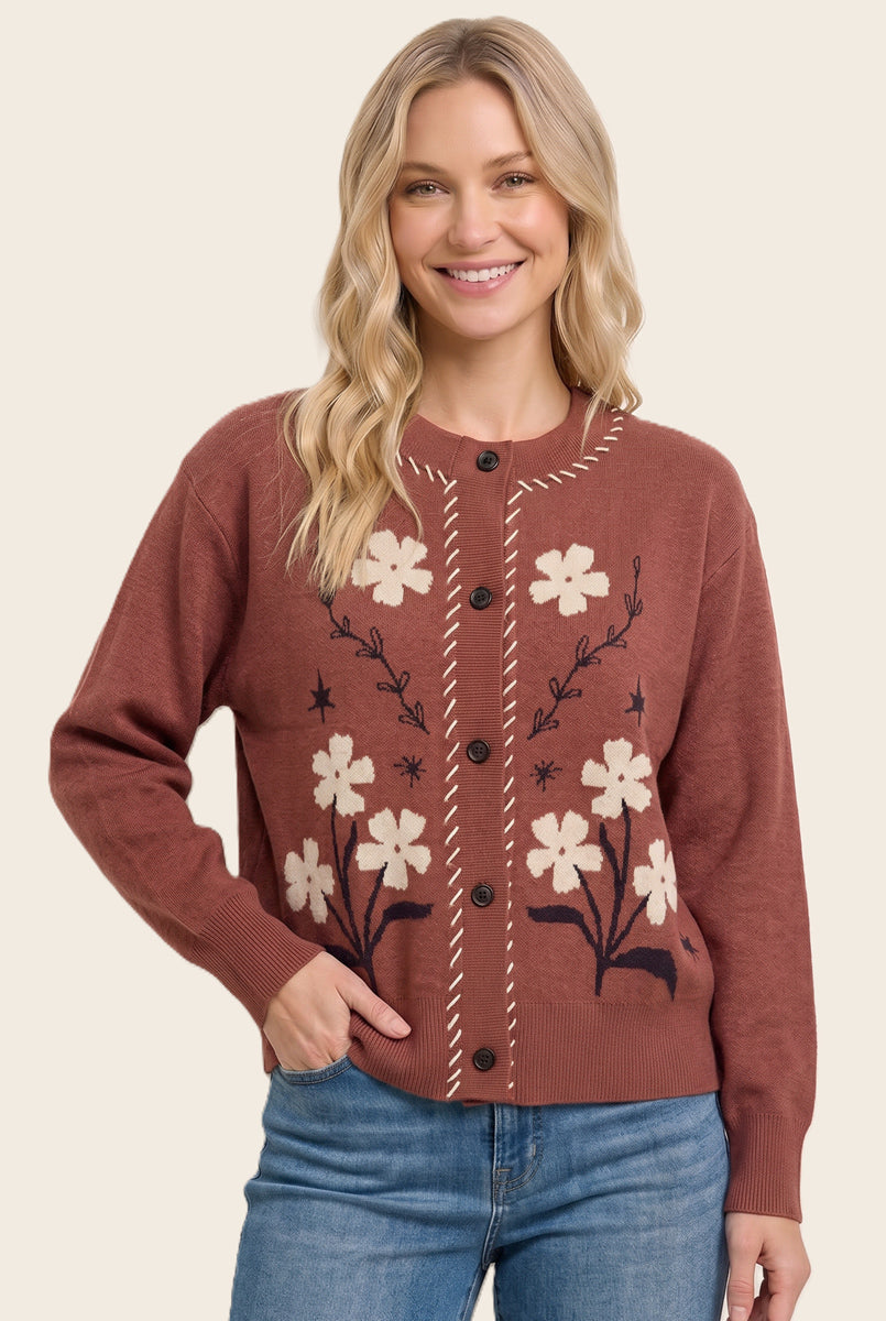 Flower jacquard stitch detailed button down cardigan in copper
