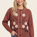 Flower jacquard stitch detailed button down cardigan in copper