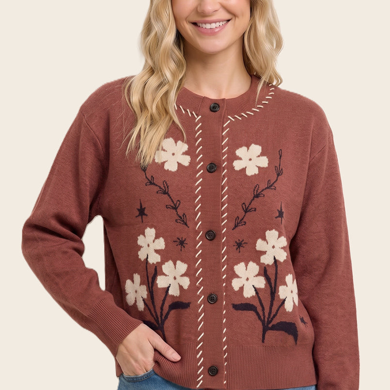 Flower jacquard stitch detailed button down cardigan in copper