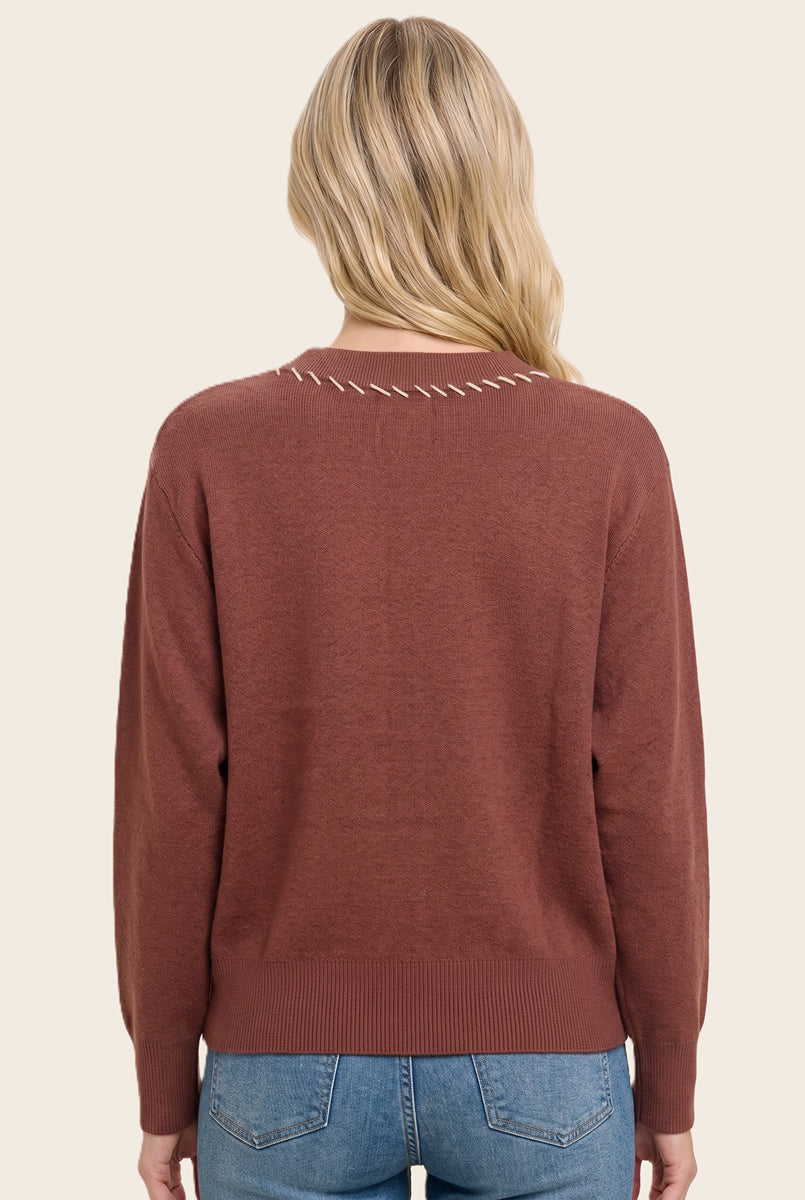 Flower jacquard stitch detailed button down cardigan in copper - front view