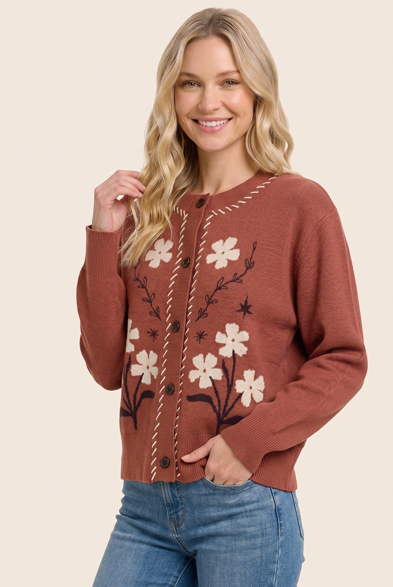 Flower jacquard stitch detailed button down cardigan in copper - back view