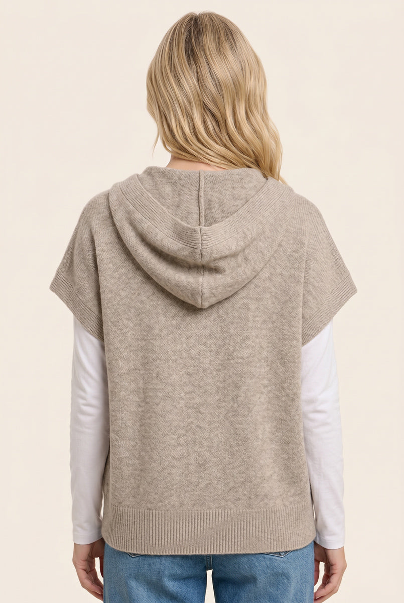 Short sleeve button down hoodie sweater cardigan in taupe